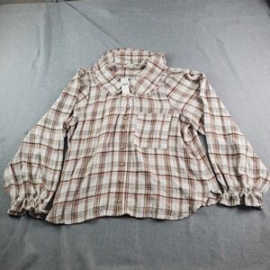 PILCRO Anthropologie Keira Long Sleeve Plaid Blouse Womens XL Brown Pocket New
